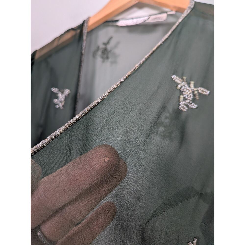 Vintage Scala Midi Dress Cocktail Gown XL Green Silk Bead Gatsby Fairy Grunge - Picture 14 of 16